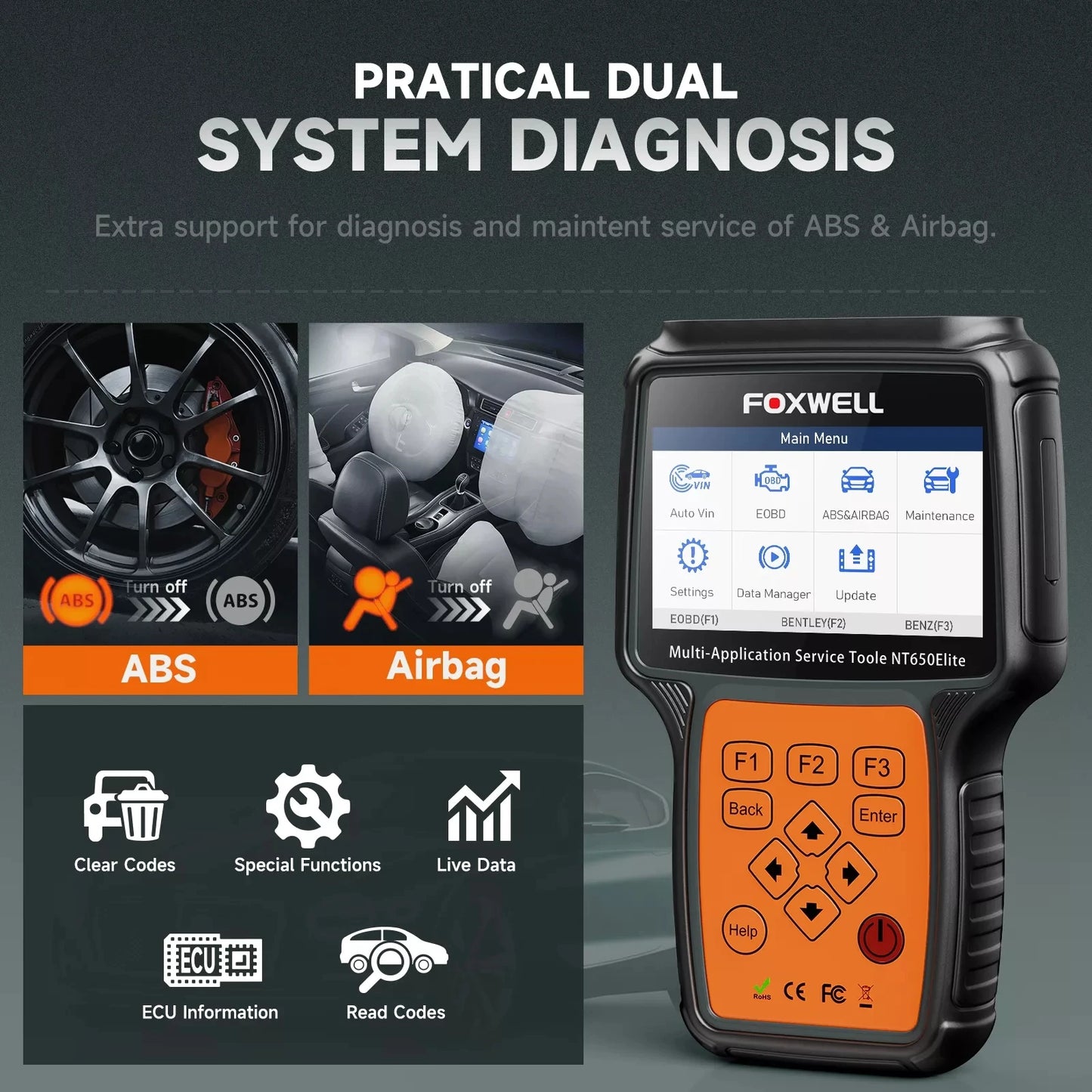 FOXWELL NT650 Elite OBD2 Scanner Diagnostic Tool ABS Airbag SAS EPB Oil A/F Reset Car Ananlyzer OBDII 3 System Automotive Tester