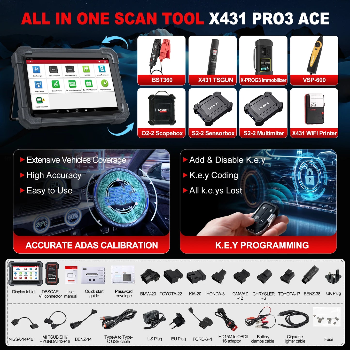 LAUNCH X431 PRO3 ACE Car OBD2 Diagnostic Tool Auto Bidirectional Scan Tool CAN FD & DoIP,FCA SGW,ADAS with 2-Year Free Update