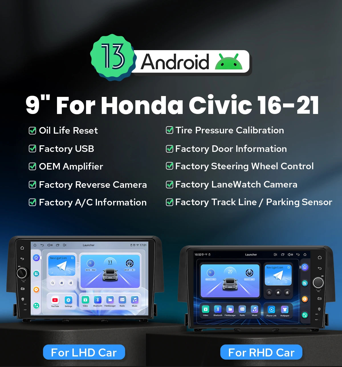 JOYING 9"Android 13 Car Radio Stereo Multimedia Player Carplay For Honda Civic 2016 -2021 Support Factory Cameras Plug and Play