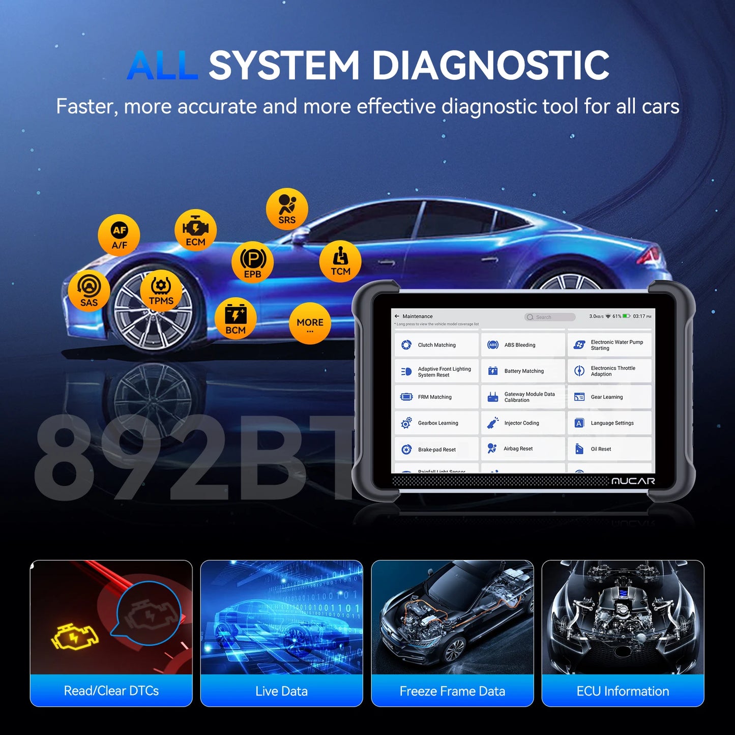 MUCAR 892BT OBD2 Scanner CANFD&DOIP All System Diagnostic Tool, Bi-Directional ECU Coding, 34 Reset Lifetime Free for all Cars