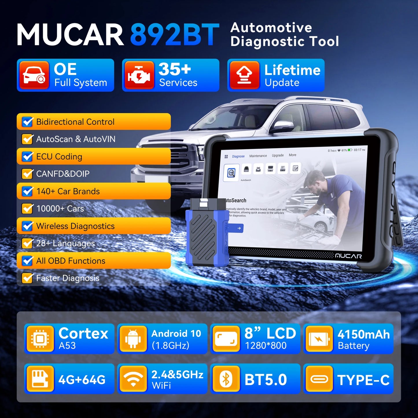 MUCAR 892BT Free AI CANFD DoIP Car Diagnostic Tools All System Auto Scan Tool ECU Coding Bi-Directional OBD2 Scanner 35 Resets