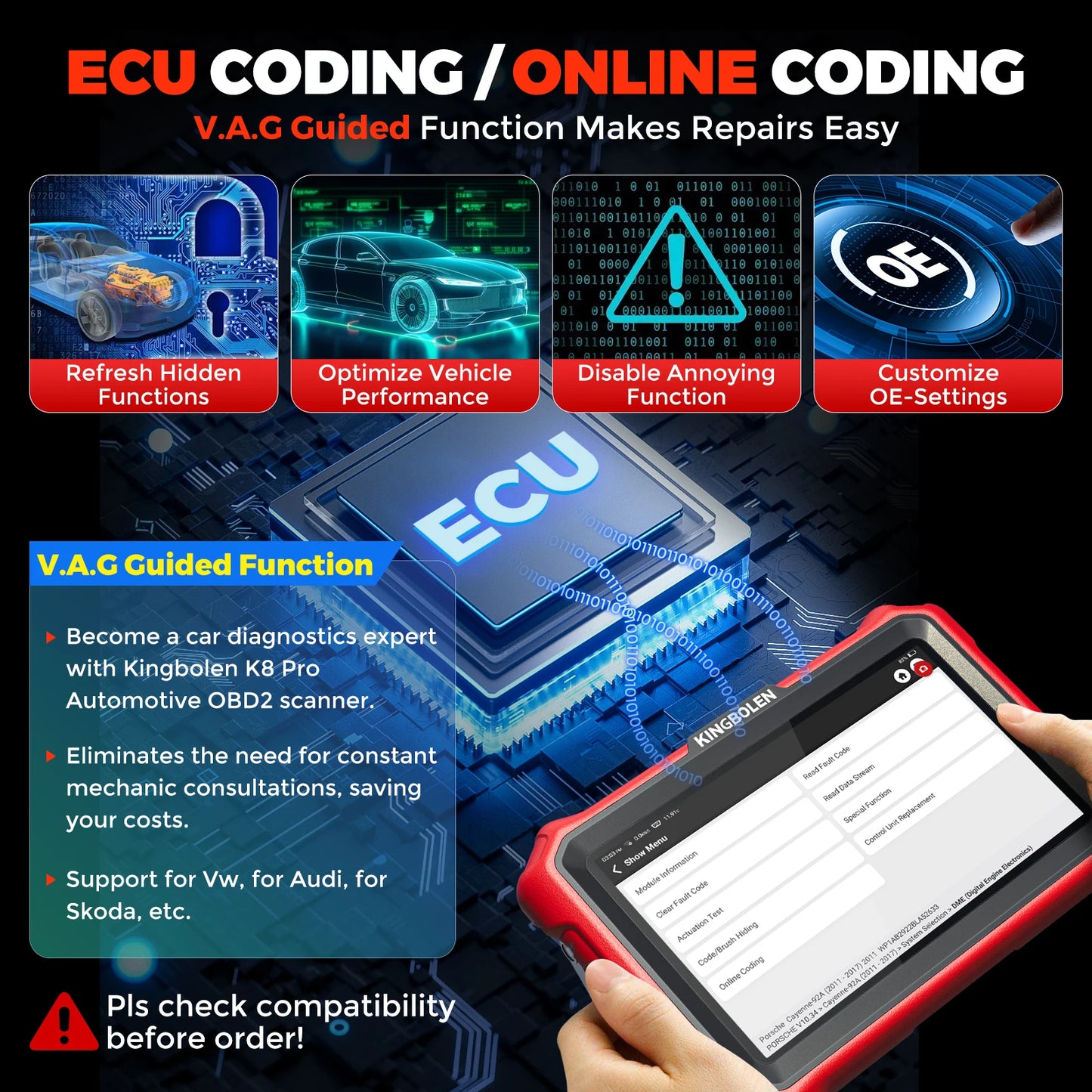 [Lifetime Free Update] KINGBOLEN K8 PRO ELITE Auto Diagnostic Tool Full System ECU Coding 40 Service Bidirectionnal OBD2 Scanner