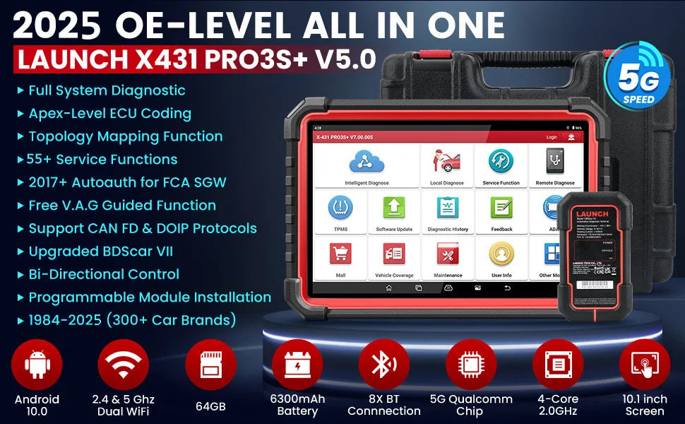 2025 LAUNCH X431 PRO3S+ V5.0 Car Diagnostic Tools 10.1' Auto OBD OBD2 Scanner CANFD DOIP Topology Map Bidirectional ECU Coding