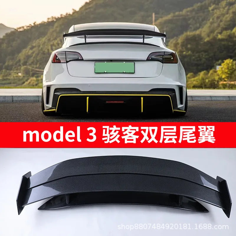 Suitable For Tesla Model3 Modified Hacker Carbon Fiber Wide Body Front Bar Rear Bar Side Skirt Cover Double Rear Wing