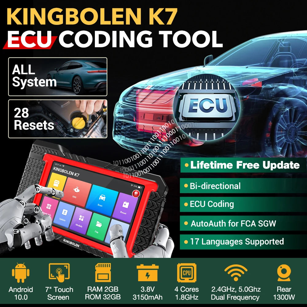 KINGBOLEN K7 Car Diagnostic Tools All System ECU Coding Bidirectionnal 28 Service FCA OBD2 Scanner Lifetime Free Update PK MAX 2
