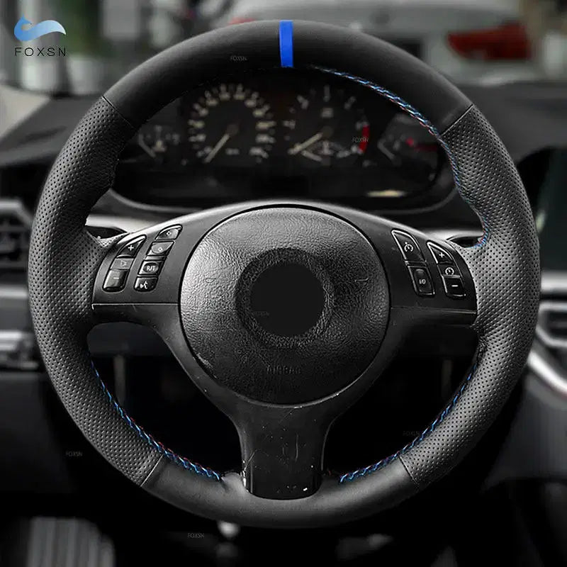 For BMW M Sport 3 5 Series E46 E39 M3 M5 Hand Braid Car Steering Wheel Cover Black Perforated Leather red blue line blue strip - Premium  from FOXSN - Just $28.56! Shop now at Rapidvehicles