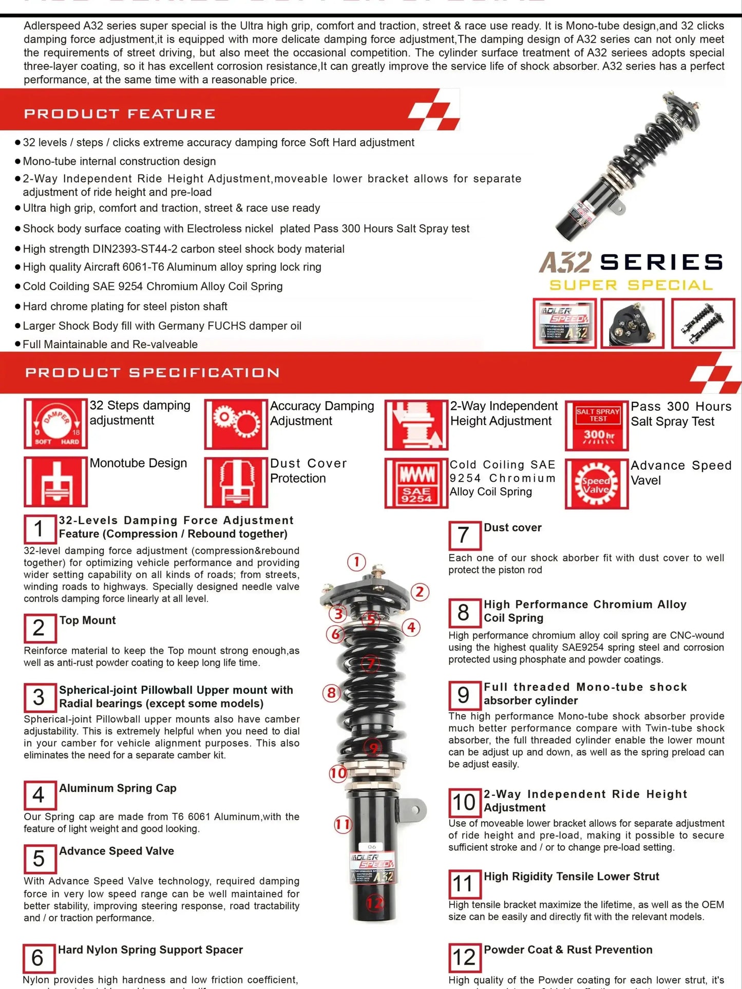 32 Level Adjustable Damper Coilovers Suspension Kit For 15-21 Subaru WRX/WRX STI