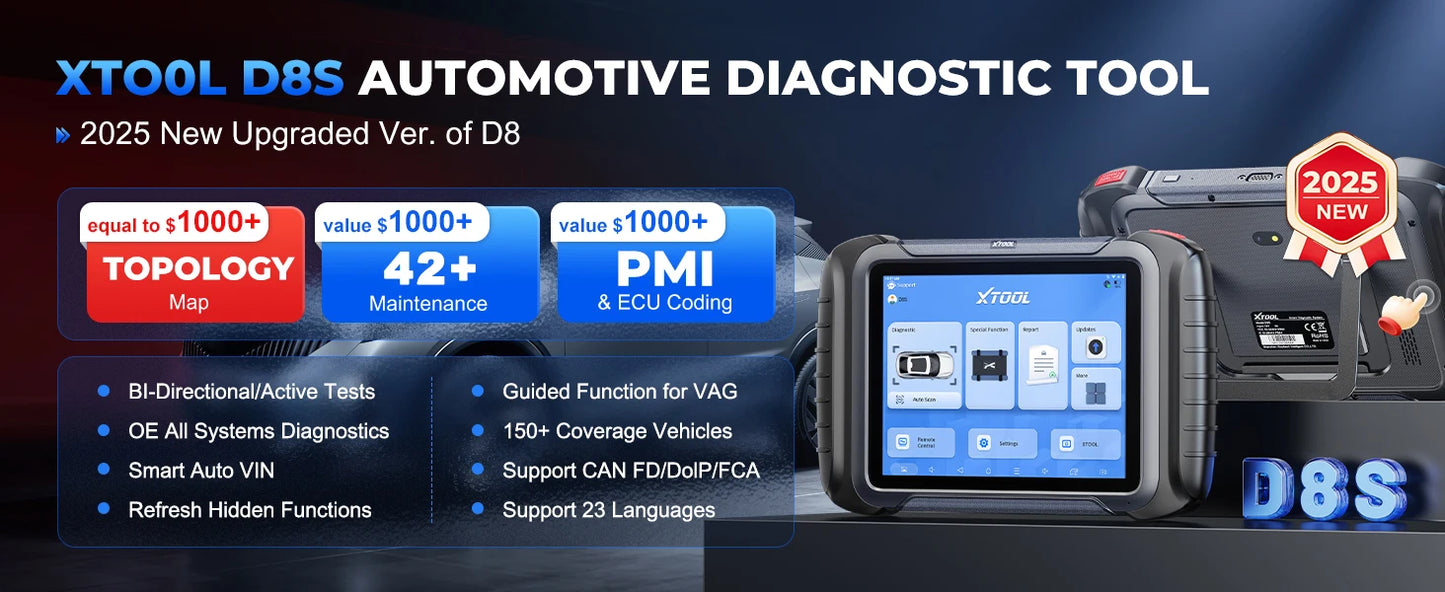 XTOOL D8S Car Diagnostic Tools Bidirectional Scan Tool Automotive Scanner ECU Coding Key Programming 42+ Services Topology Map
