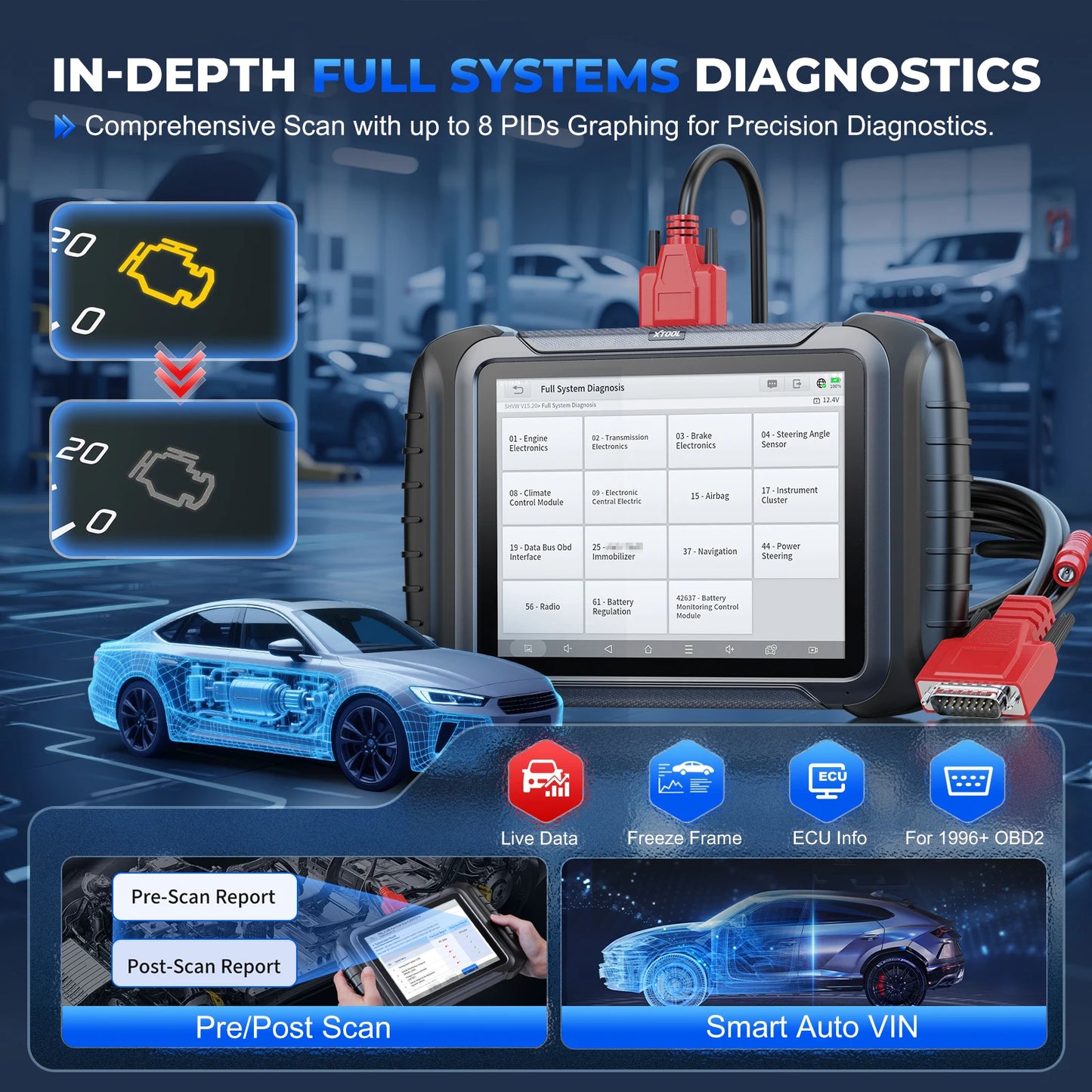 XTOOL D8S Car Diagnostic Tools Bidirectional Scan Tool Automotive Scanner ECU Coding Key Programming 42+ Services Topology Map