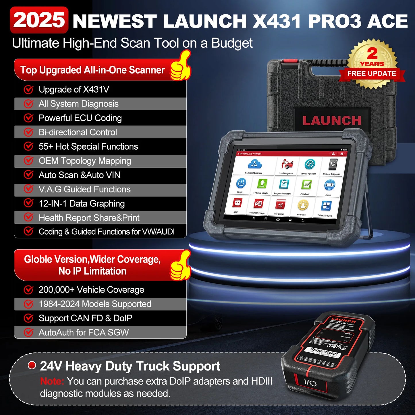 LAUNCH X431 PRO3 ACE Car OBD2 Diagnostic Tool Auto Bidirectional Scan Tool CAN FD & DoIP,FCA SGW,ADAS with 2-Year Free Update
