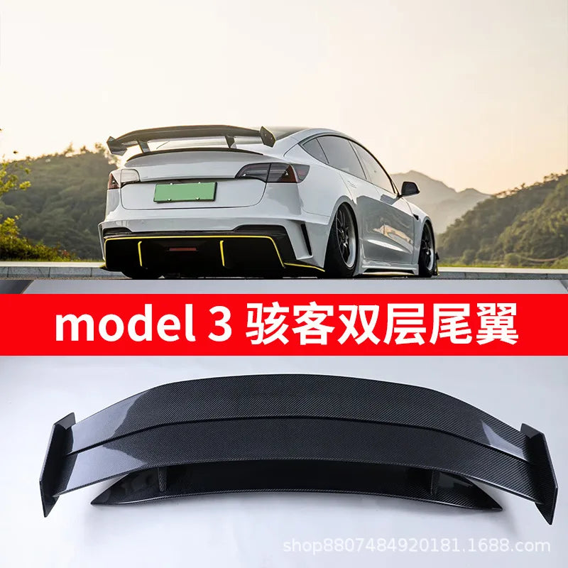 Suitable For Tesla Model3 Modified Hacker Carbon Fiber Wide Body Front Bar Rear Bar Side Skirt Cover Double Rear Wing