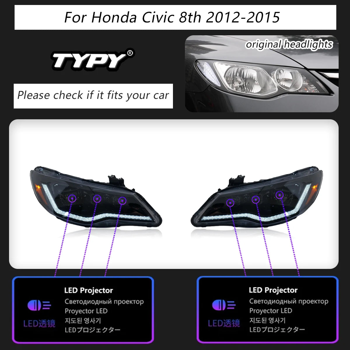 TYPY Car Lights For Honda Civic 8th FD2 Headlight 2012-2015 LED Projetor head Lamp Daytime Running Light Automotive Accessories