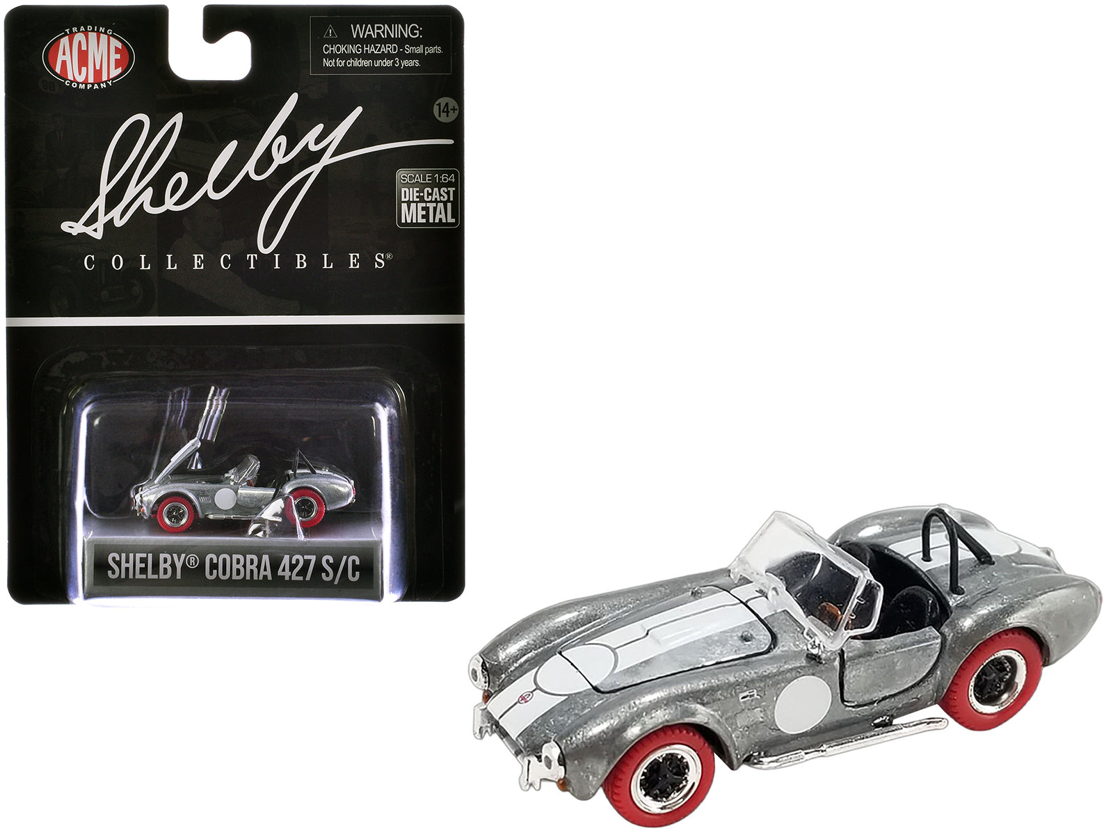 Shelby Cobra 427 S/C Raw Metal with White Stripes and Red Tires "Shelby Collectibles" Series 1/64 Diecast Model Car by ACME free shipping USA
