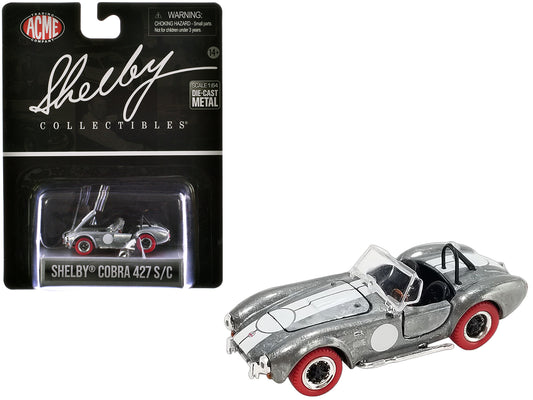 Shelby Cobra 427 S/C Raw Metal with White Stripes and Red Tires "Shelby Collectibles" Series 1/64 Diecast Model Car by ACME - Use code SHOPAPP15 to get 15 percent off