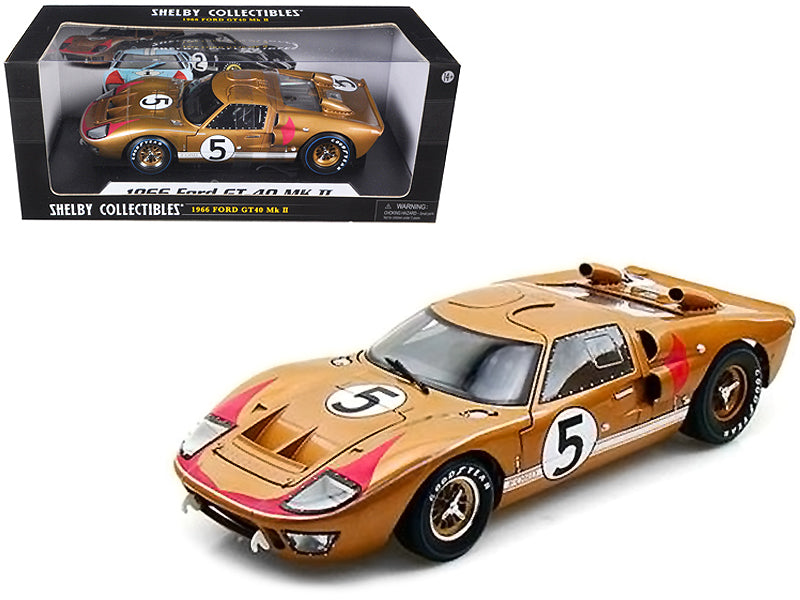 1966 Ford GT-40 MK II RHD (Right hand Drive) #5 Gold 24H of Le Mans 1/18 Diecast Model Car by Shelby Collectibles free shipping USA