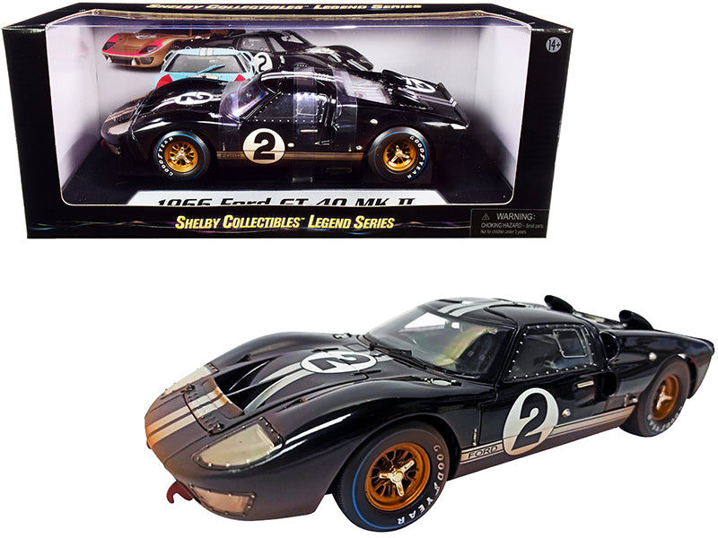 1966 Ford GT-40 MK II #2 Black with Silver Stripes After Race (Dirty Version) 1/18 Diecast Model Car by Shelby Collectibles free shipping USA