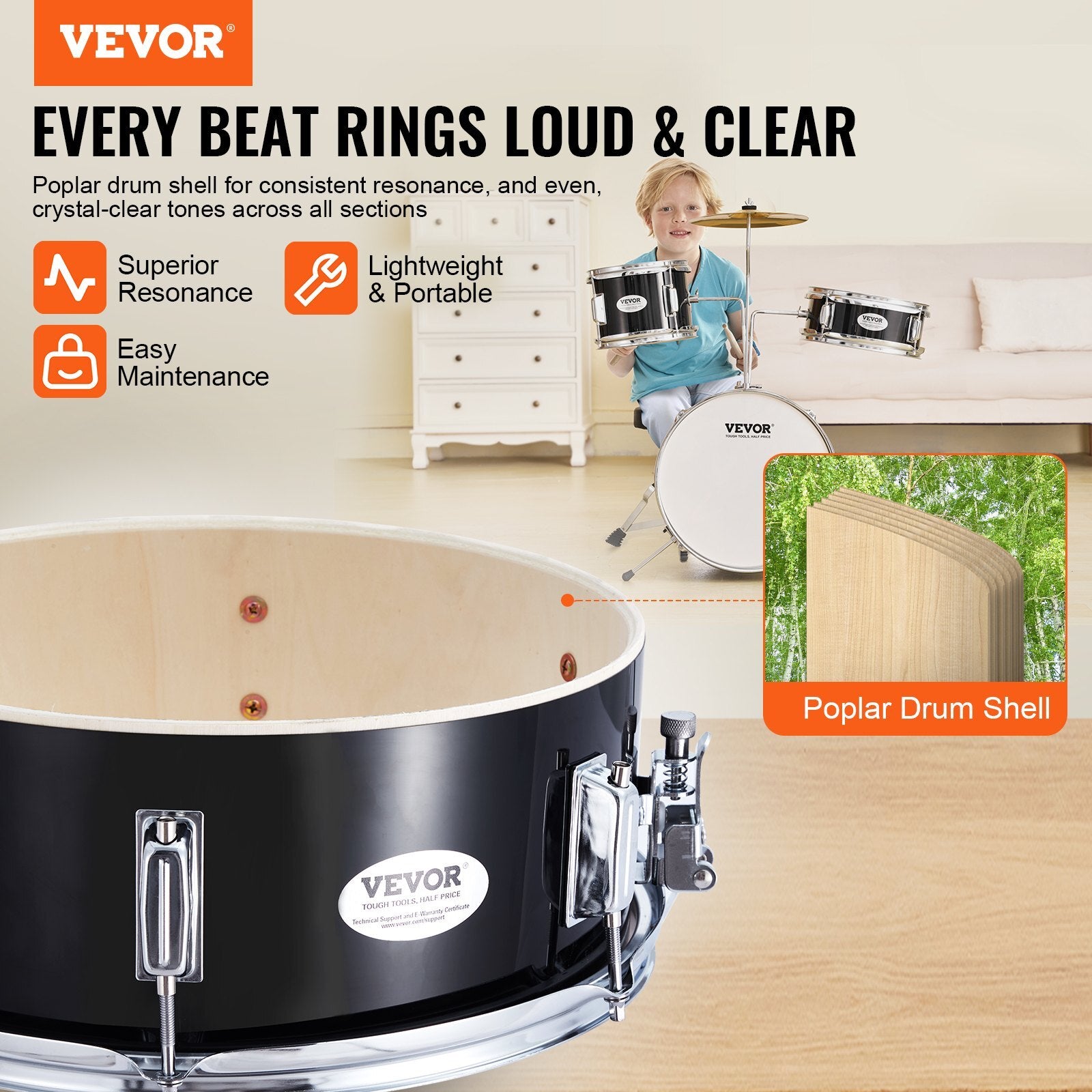 VEVOR Kids Drum Set, 3-Piece, 14 in Beginner Drum Set with Adjustable Throne Cymbal Pedal Two Pairs of Drumsticks, 8'' Tom Drum 10'' Snare Drum 14'' Bass Drum, Starter Drum Kit for Child Kids, Black - Premium Instrument Accessories from VEVOR - Just $124.99! Shop now at Rapidvehicles