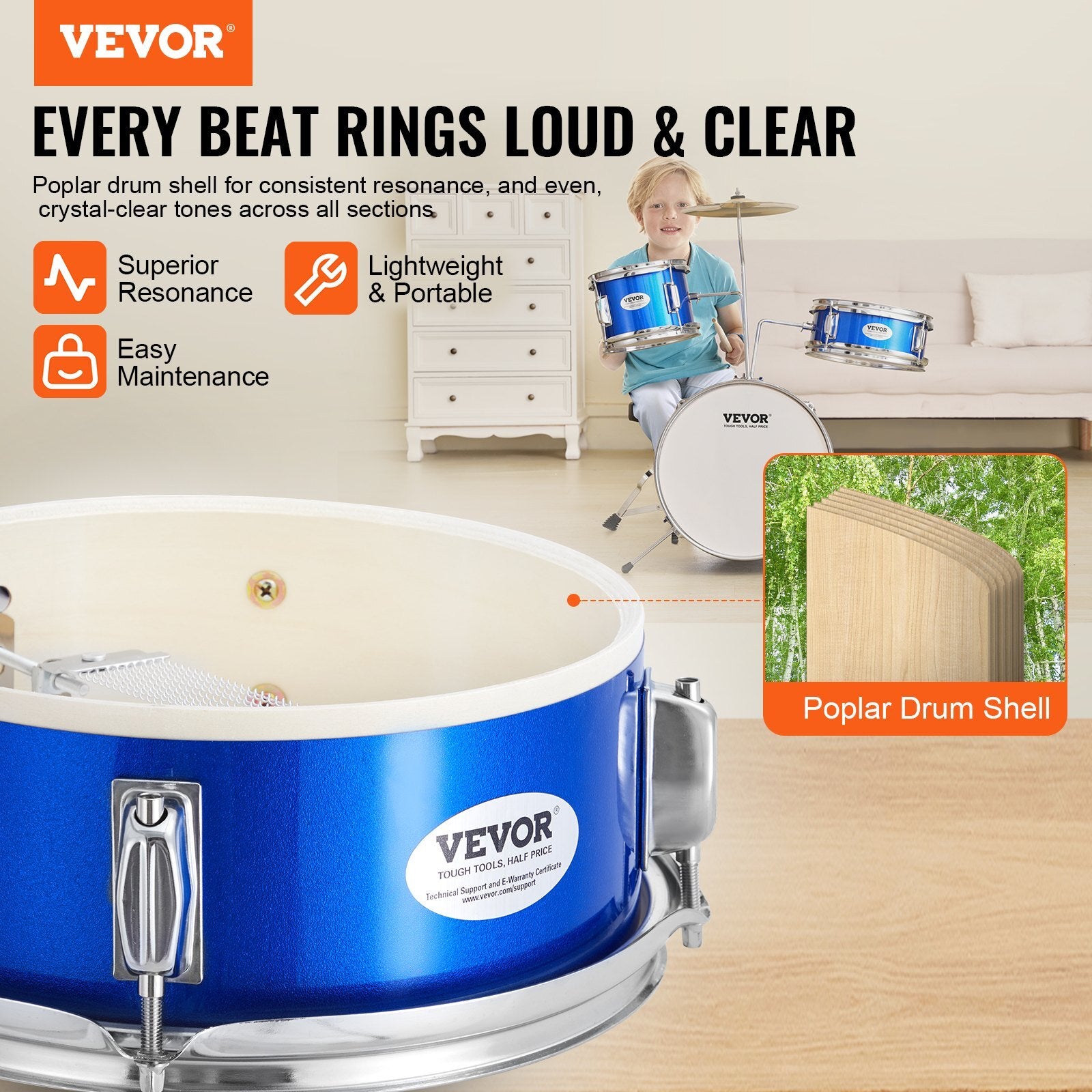 VEVOR Kids Drum Set, 3-Piece, 14 in Beginner Drum Set with Adjustable Throne Cymbal Pedal Two Pairs of Drumsticks, 8'' Tom Drum 10'' Snare Drum 14'' Bass Drum, Starter Drum Kit for Child Kids, Blue - Premium Instrument Accessories from VEVOR - Just $125.99! Shop now at Rapidvehicles