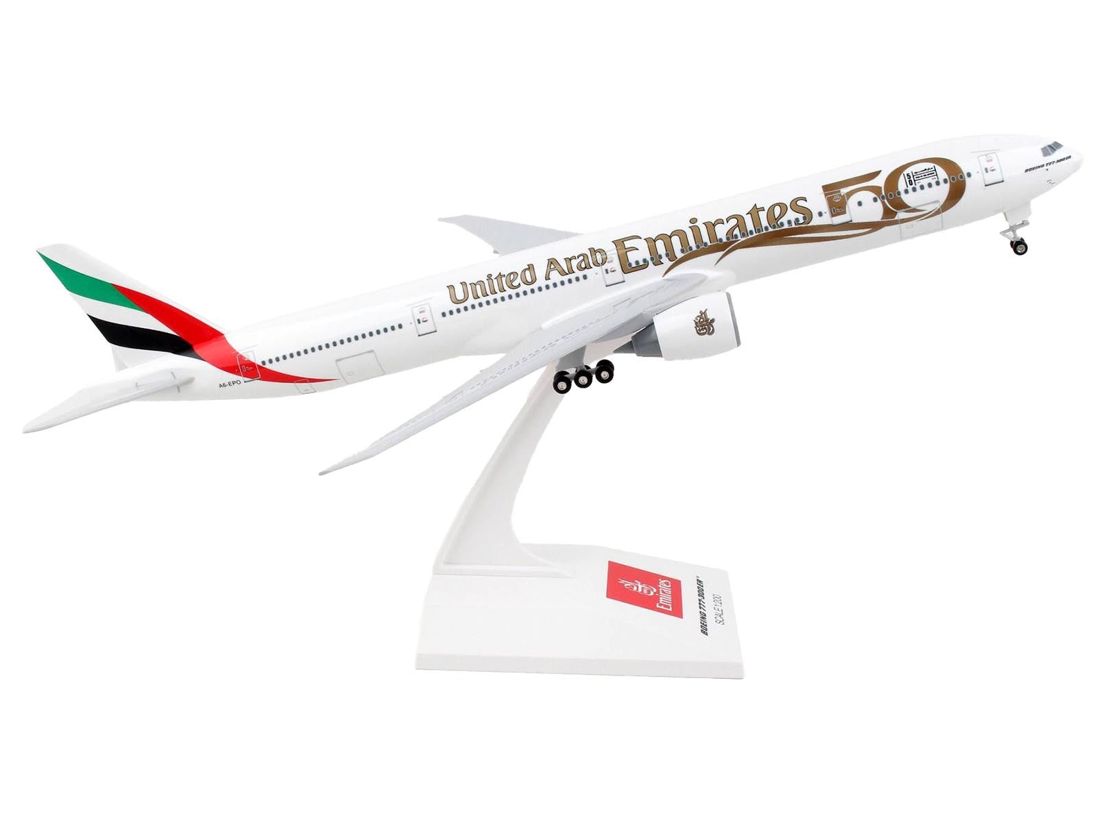 Boeing 777-300ER Commercial Aircraft with Landing Gear "Emirates Airlines - 50th Anniversary" (A6-EPO) White with Tail Graphics (Snap-Fit) 1/200 Plastic Model by Skymarks - Premium Boeing from Skymarks - Just $100.99! Shop now at Rapidvehicles