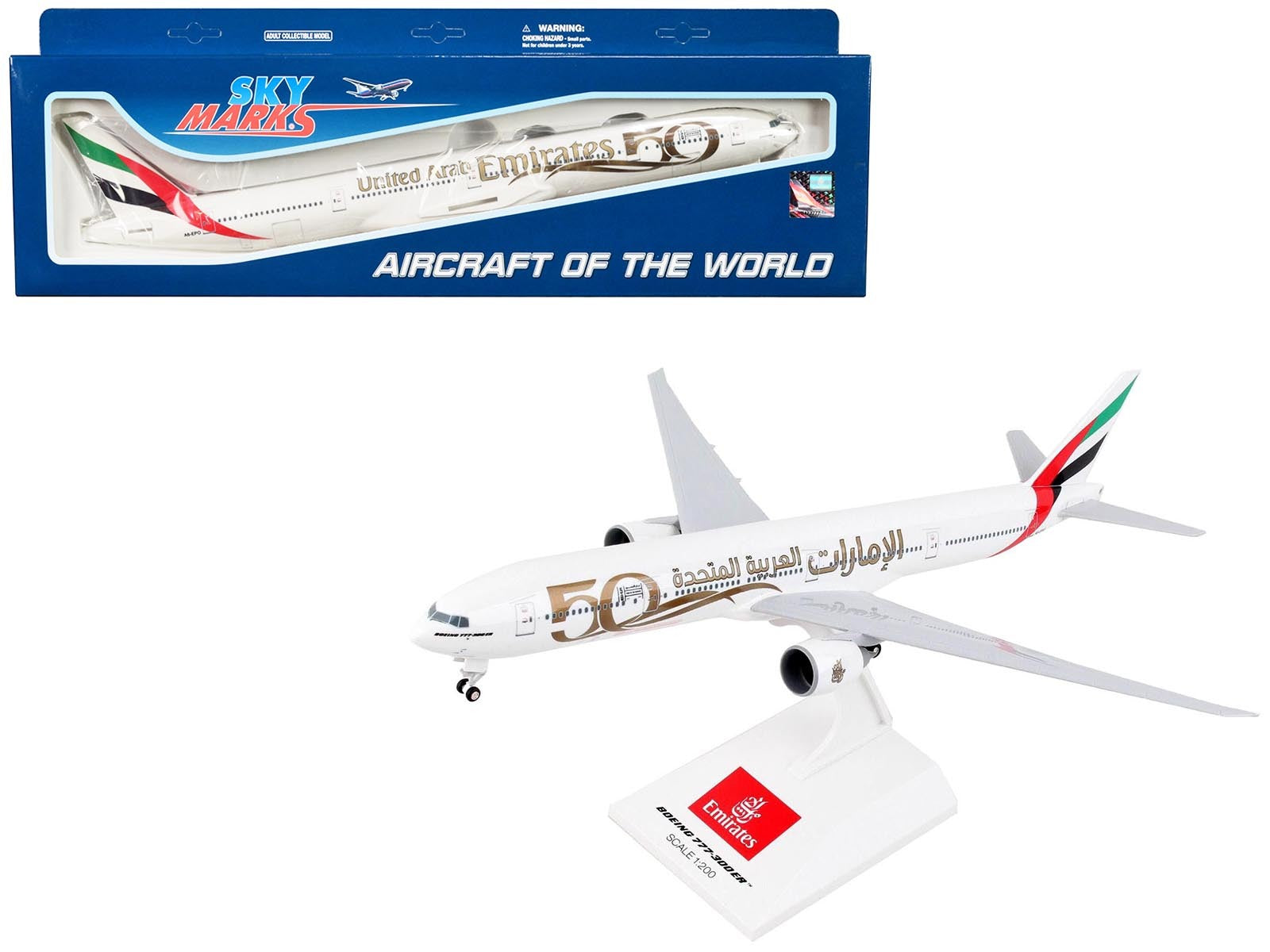 Boeing 777-300ER Commercial Aircraft with Landing Gear "Emirates Airlines - 50th Anniversary" (A6-EPO) White with Tail Graphics (Snap-Fit) 1/200 Plastic Model by Skymarks - Premium Boeing from Skymarks - Just $100.99! Shop now at Rapidvehicles