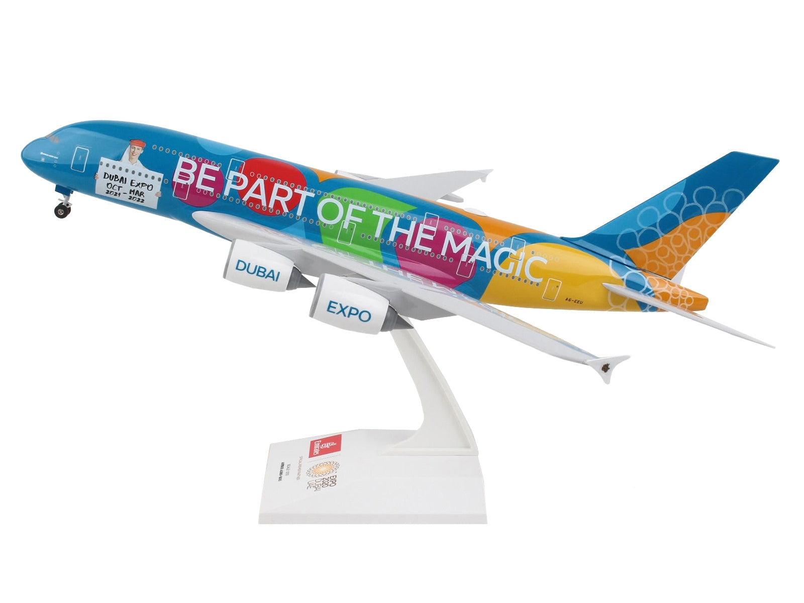 Airbus A380 Commercial Aircraft with Landing Gear "Emirates Airlines - Dubai Expo" (A6-EEU) Blue with Graphics (Snap-Fit) 1/200 Plastic Model by Skymarks - Premium Airbus from Skymarks - Just $116.99! Shop now at Rapidvehicles