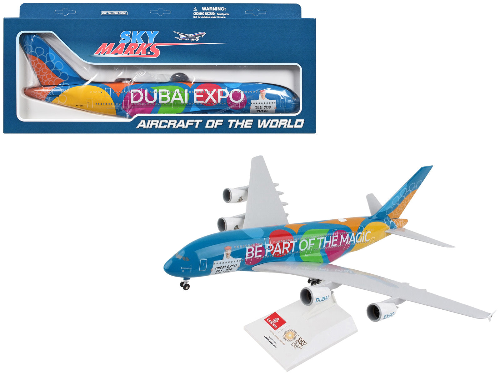 Airbus A380 Commercial Aircraft with Landing Gear "Emirates Airlines - Dubai Expo" (A6-EEU) Blue with Graphics (Snap-Fit) 1/200 Plastic Model by Skymarks - Premium Airbus from Skymarks - Just $116.99! Shop now at Rapidvehicles