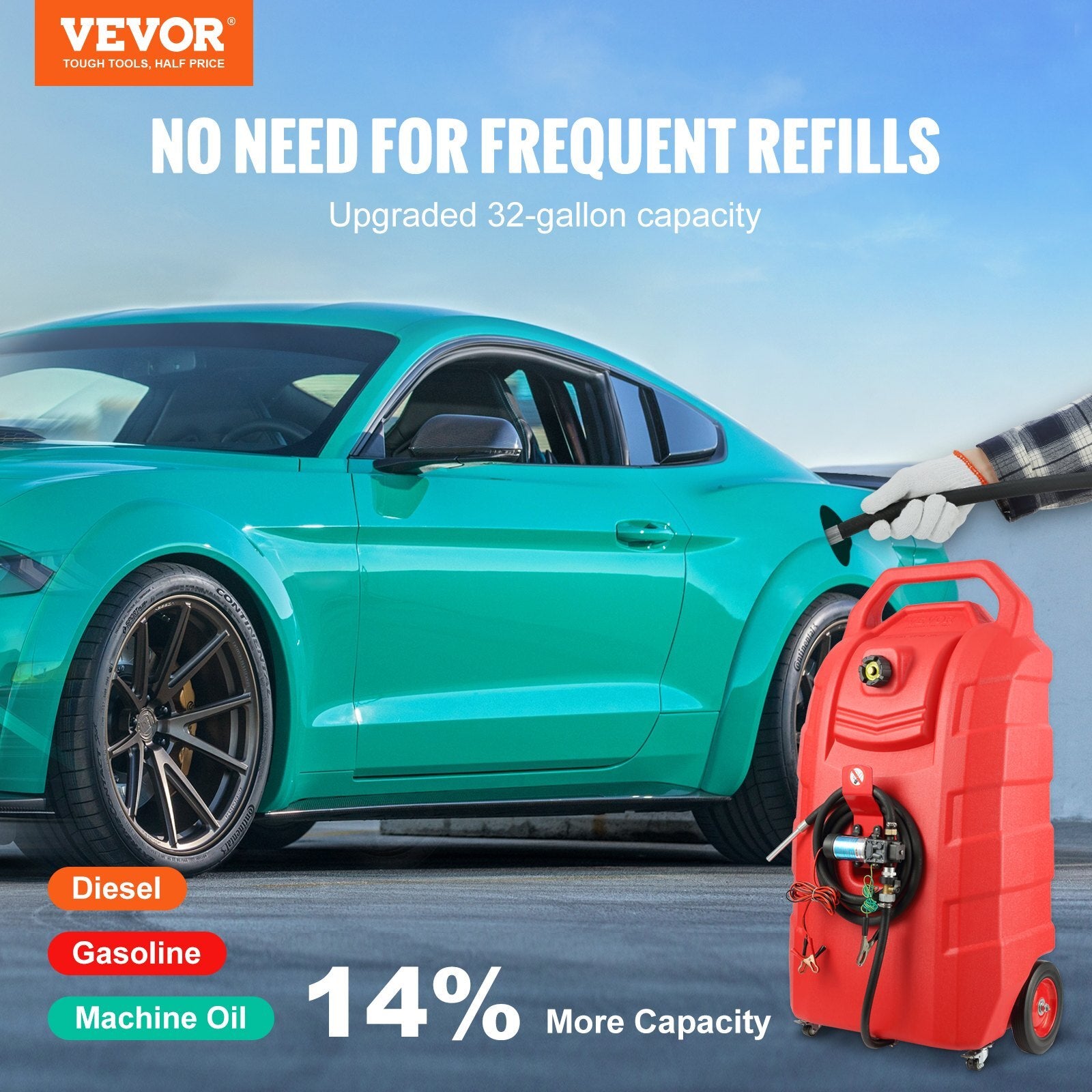 VEVOR Fuel Caddy, 32 Gallon, Portable Fuel Storage Tank On-Wheels, with 12V DC Transfer Pump, Gasoline Diesel Fuel Container with 8.2 ft Hose, Flow Rate 7L/min, for Trucks, Boats, Lawn Mowers - Premium Fuel Caddy from VEVOR - Just $410.79! Shop now at Rapidvehicles