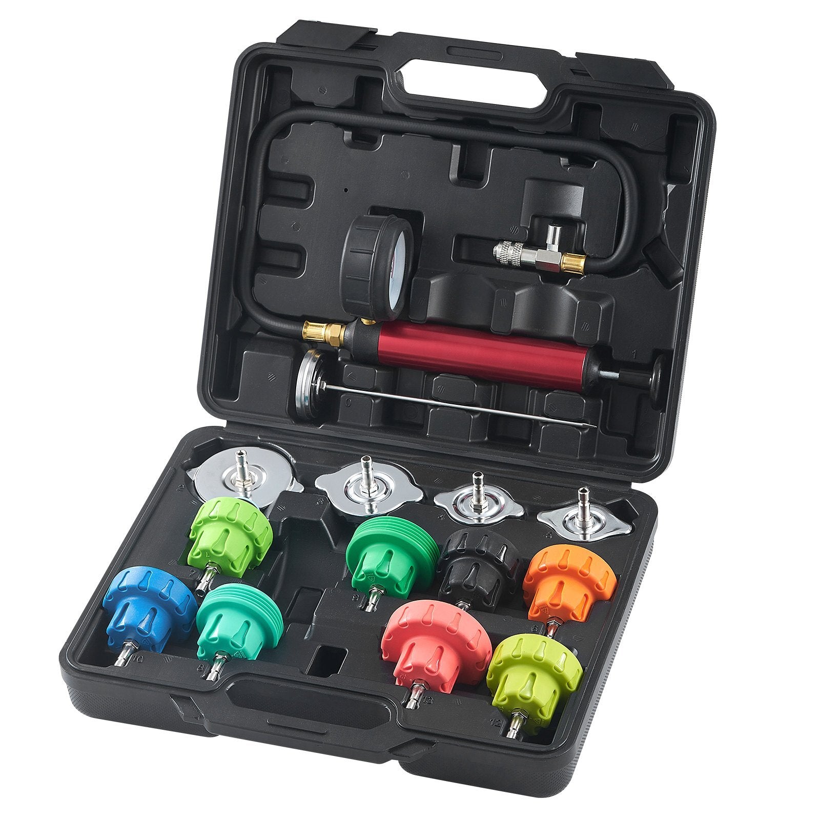 VEVOR 14 pcs Universal Radiator Pressure Tester Kit, Coolant Pressure Tester Kit with Manual Pump and Color-coded Steel Test Cap Adapters, with Toolbox, For Cars Motorcycles Trucks Cooling System - Premium Pressure & Vacuum Testers from VEVOR - Just $53.19! Shop now at Rapidvehicles