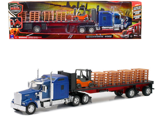 Kenworth W900 Truck with Flatbed Trailer Blue with Forklift and Pallets "Long Haul Truckers" Series 1/32 Diecast Model by New Ray free shipping USA