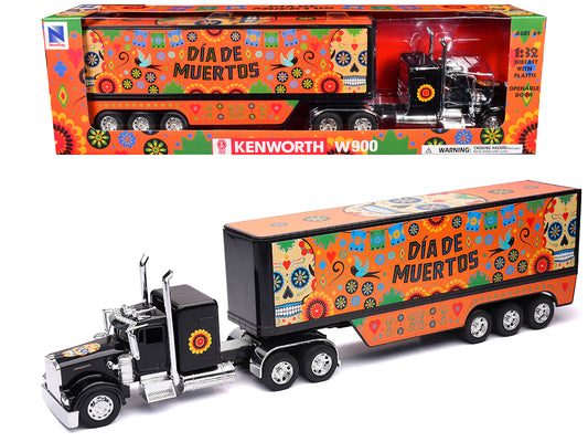 Kenworth W900 Truck Black with Graphics and Dry Van Trailer "Dia De Muertos" 1/32 Diecast Model by New Ray