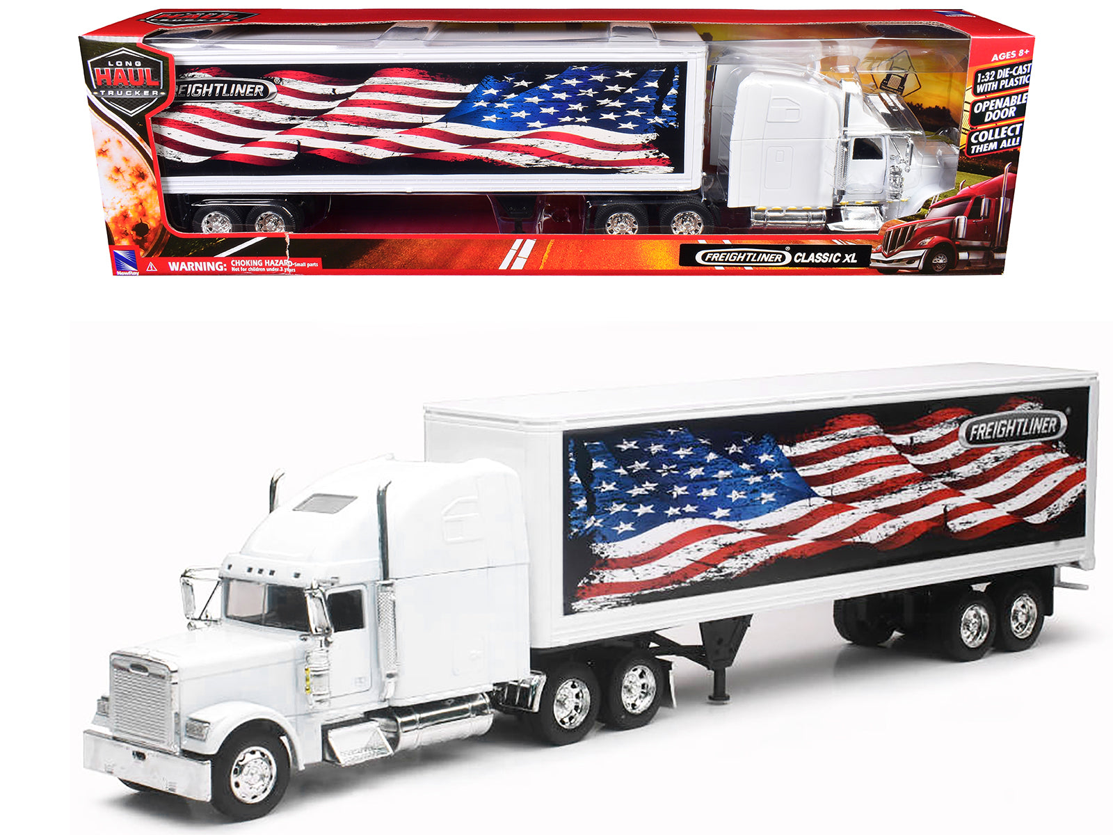 Freightliner Classic XL Truck White with Dry Van Trailer White with Patriotic Graphic "Long Haul Truckers" Series 1/32 Diecast Model by New Ray free shipping USA