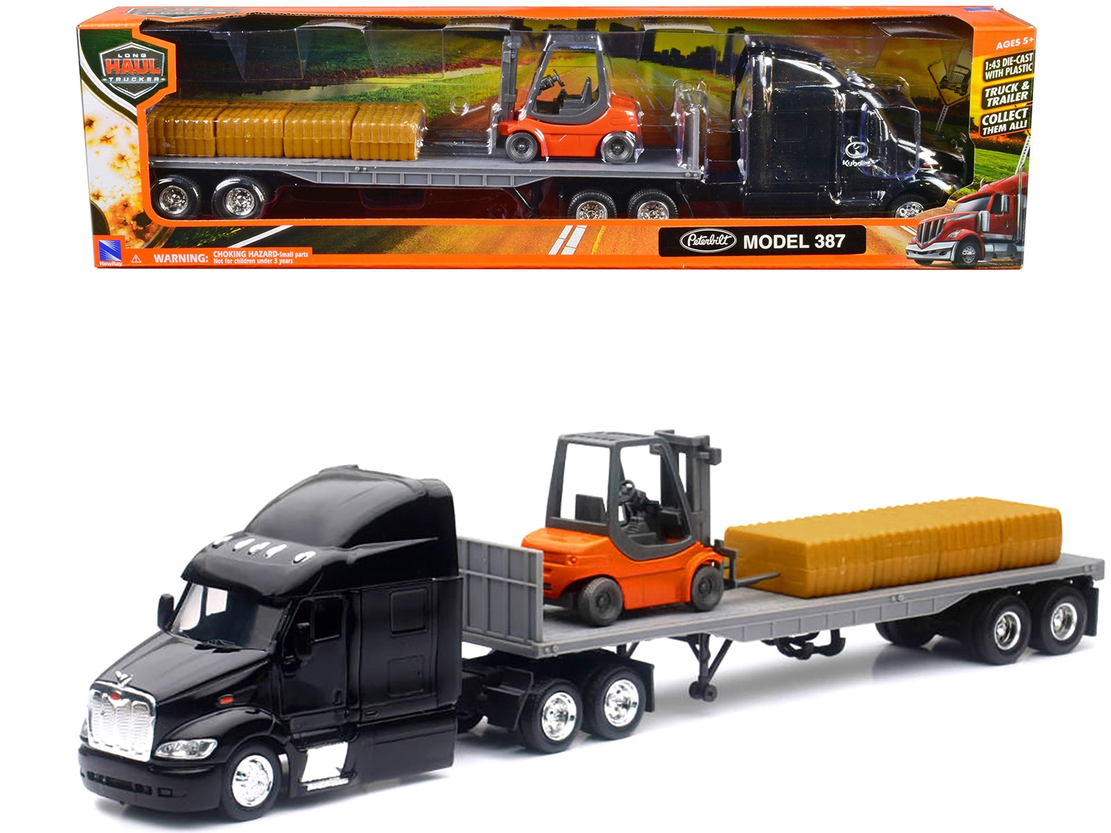 Peterbilt 387 Truck with Flatbed Trailer Black with Forklift and Hay Bales "Long Haul Trucker" Series 1/43 Diecast Model by New Ray - Premium Peterbilt Models from New Ray - Just $48.04! Shop now at Rapidvehicles