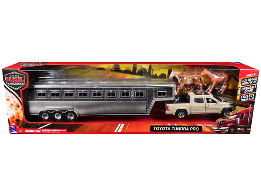 Toyota Tundra Pro Pickup Truck Beige with Horse Trailer Chrome and Horse Figures "Long Haul Truckers" Series 1/32 Diecast Model by New Ray
