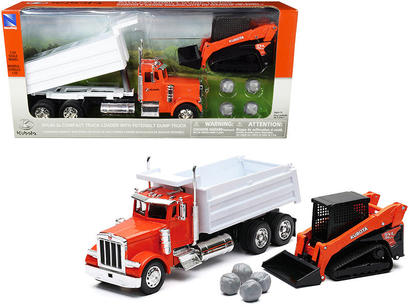 Peterbilt Dump Truck Orange and White and Kubota KX080-4 Excavator Orange and Black with Rocks 1/32 Diecast Model by New Ray - Premium Peterbilt Models from New Ray - Just $66.04! Shop now at Rapidvehicles