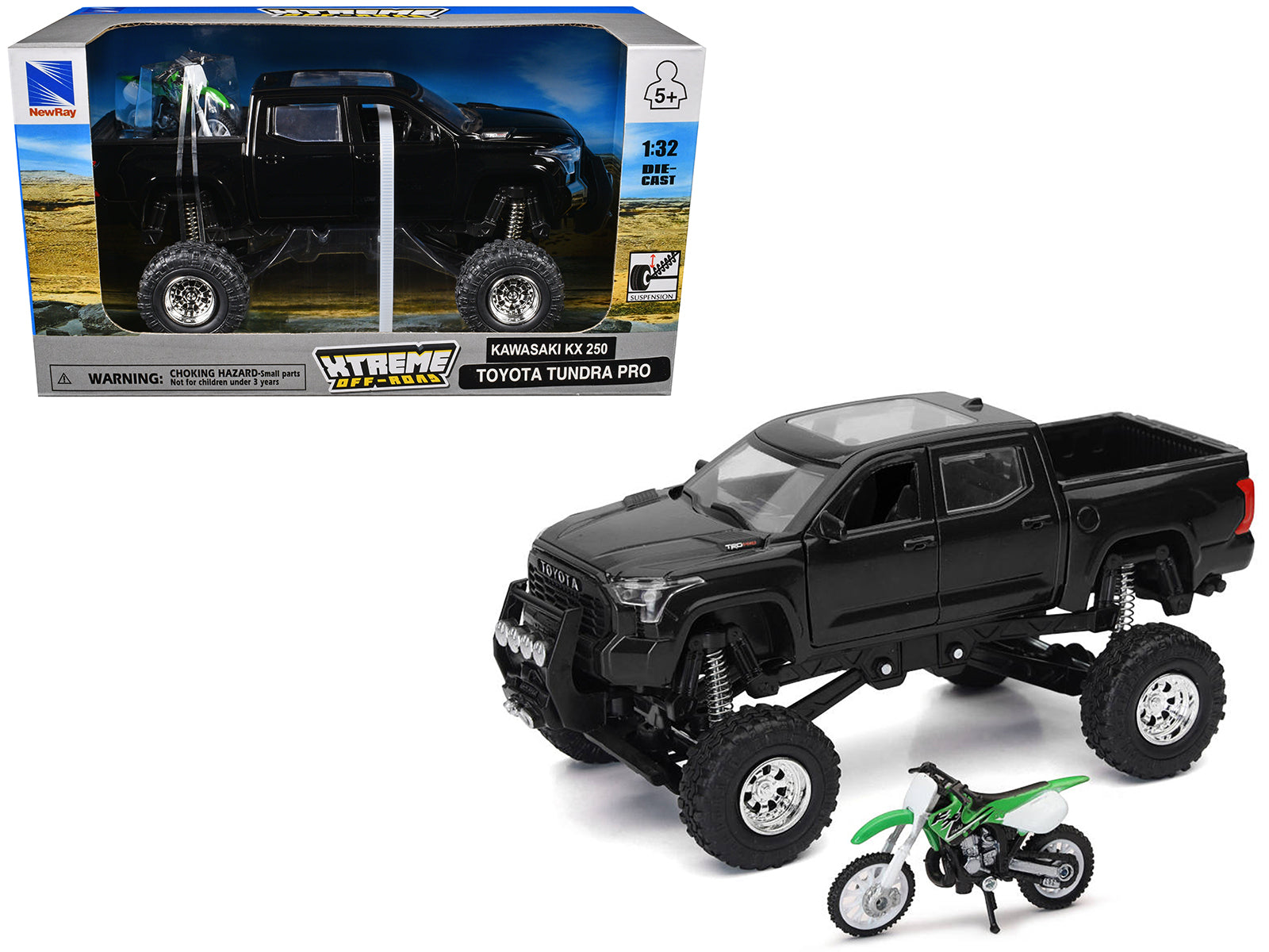 Toyota Tundra Pro Pickup Truck Black and Kawasaki KX 250 Motorcycle Green and White "Xtreme Off-Road" Series 1/32 Diecast Models by New Ray free shipping USA