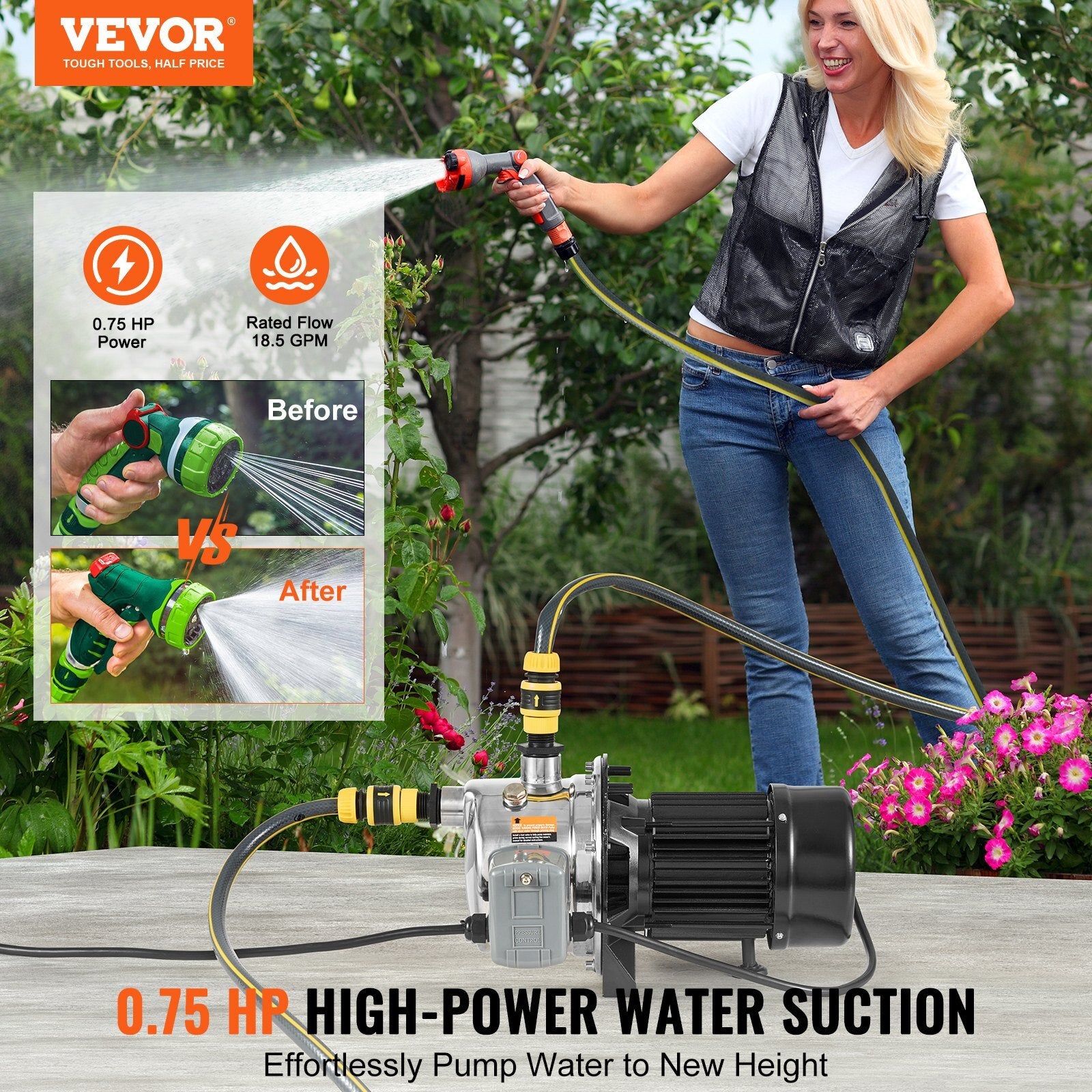 VEVOR 3/4HP SUS304 Stainless Steel Shallow Well Jet Pump, 115 Volt, 18.5 GPM 131 FT Maximum Head Irrigation Water Pump, for Agricultural Garden Irrigation System High-Rise Water Supply Shower Booster - Premium Power Water Pumps from VEVOR - Just $139.58! Shop now at Rapidvehicles