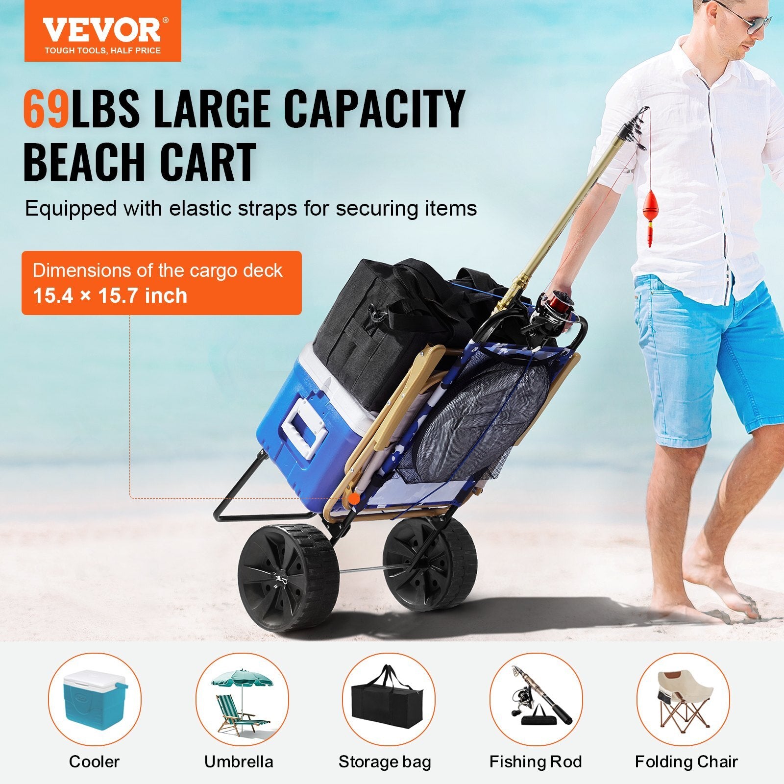 VEVOR Beach Dolly with Big Wheels for Sand, 15.4" x 15.7" Cargo Deck, w/ 10" PE Solid Wheels, 69LBS Loading Capacity Folding Sand Cart, Heavy Duty Cart for Picnic, Camping, Fishing, Beach, Gardening - Premium Beach Cart from VEVOR - Just $53.19! Shop now at Rapidvehicles