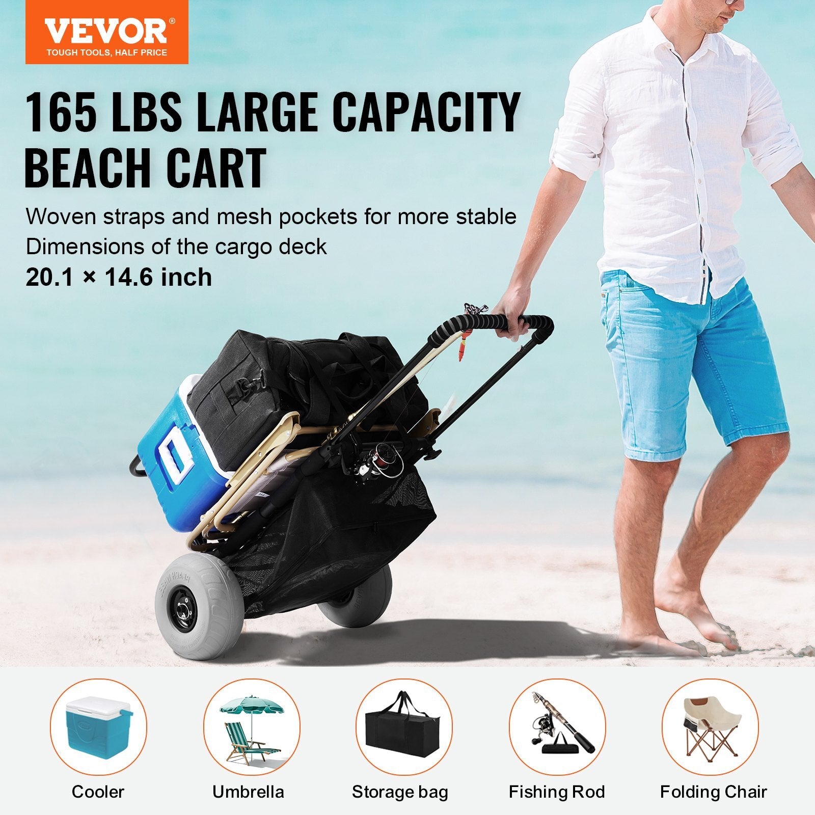 VEVOR Beach Dolly with Big Wheels for Sand, 20.1" x 14.6" Cargo Deck, w/ 9" Balloon Wheels, 165LBS Loading Capacity Folding Sand Cart & 27.2" to 44.9" Adjustable Height, Heavy Duty Cart for Beach - Premium Beach Cart from VEVOR - Just $118.29! Shop now at Rapidvehicles