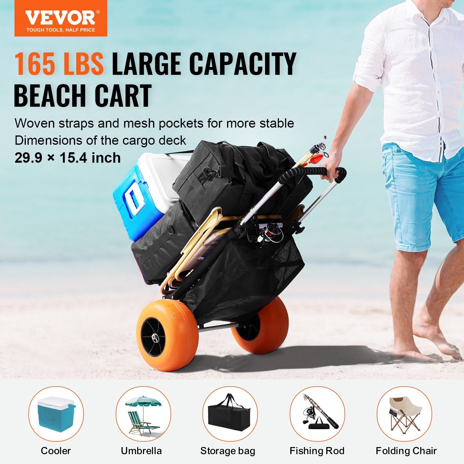 VEVOR Beach Dolly with Big Wheels for Sand, 29.9" x 15.4" Cargo Deck, w/ 12" Foam Wheels, 165LBS Loading Capacity Folding Sand Cart & 27" to 44.7" Adjustable Height, Heavy Duty Cart for Beach - Premium Beach Cart from VEVOR - Just $133.89! Shop now at Rapidvehicles