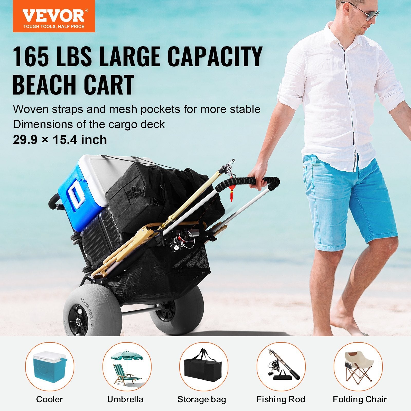 VEVOR Beach Dolly with Big Wheels for Sand, 29.9" x 15.4" Cargo Deck, w/ 12" Balloon Wheels, 165LBS Loading Capacity Folding Sand Cart & 27" to 44.7" Adjustable Height, Heavy Duty Cart for Beach - Premium Beach Cart from VEVOR - Just $157.99! Shop now at Rapidvehicles