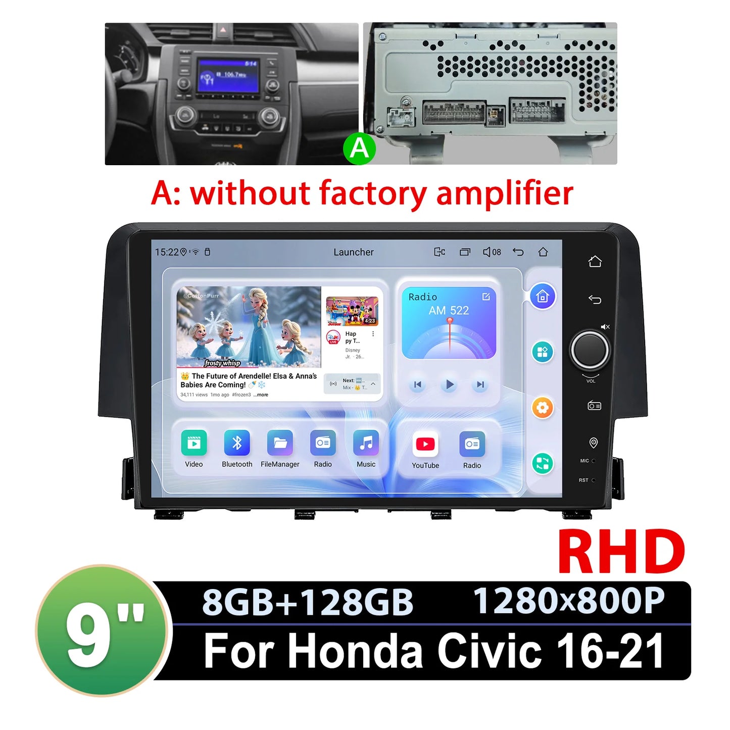 JOYING 9"Android 13 Car Radio Stereo Multimedia Player Carplay For Honda Civic 2016 -2021 Support Factory Cameras Plug and Play