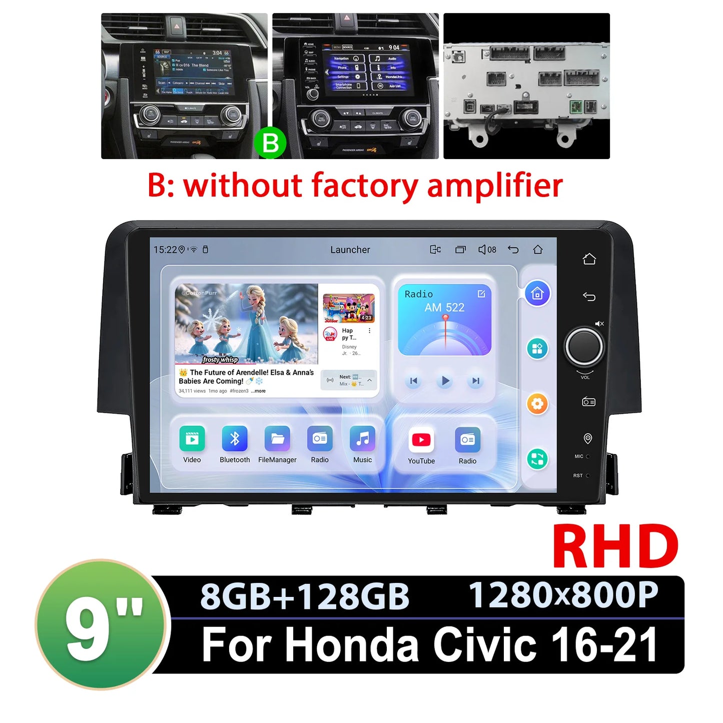 JOYING 9"Android 13 Car Radio Stereo Multimedia Player Carplay For Honda Civic 2016 -2021 Support Factory Cameras Plug and Play