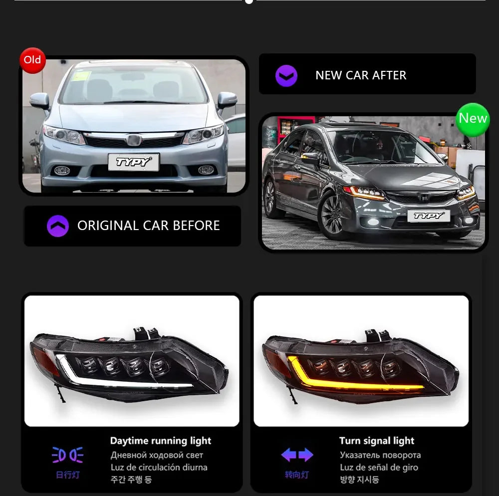 Car For Honda Civic 8th Gen Headlight 2006-2011 Upgrade Modified to New DRL Dynamic Turn Signal LED Headlight Auto Accessories