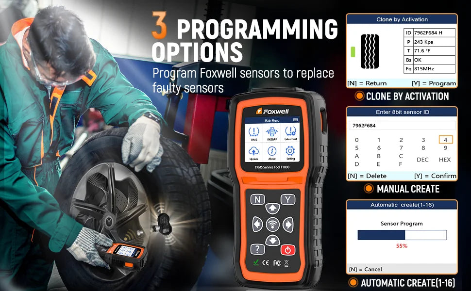 Foxwell T1000 TPMS Tool Tire Pressure Monitoring Sensor Programming Relearning Activation and OBD System Reset Car TPMS Reset