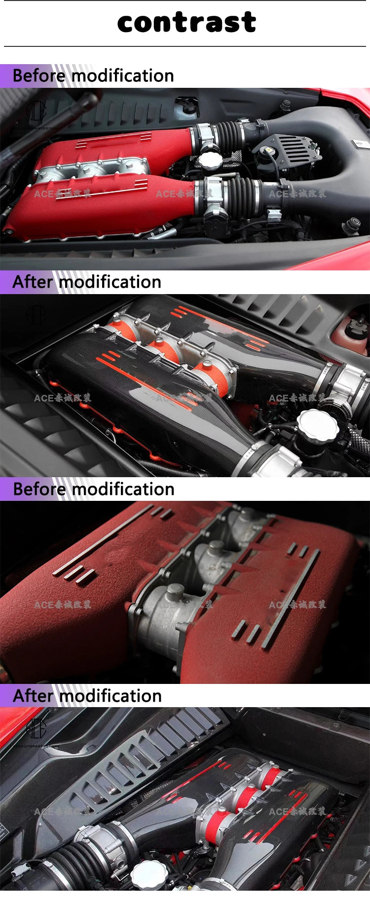 2 Pcs/Set  Dry Carbon Fiber Glossy Engine Air Intake Cover For Ferrari 458 Air Intakes Pipe Professional Auto Accessories