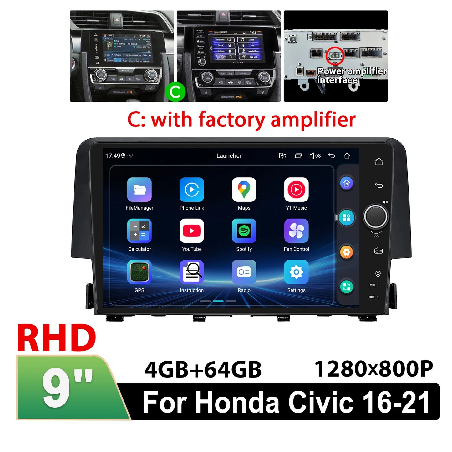 JOYING 9"Android 13 Car Radio Stereo Multimedia Player Carplay For Honda Civic 2016 -2021 Support Factory Cameras Plug and Play