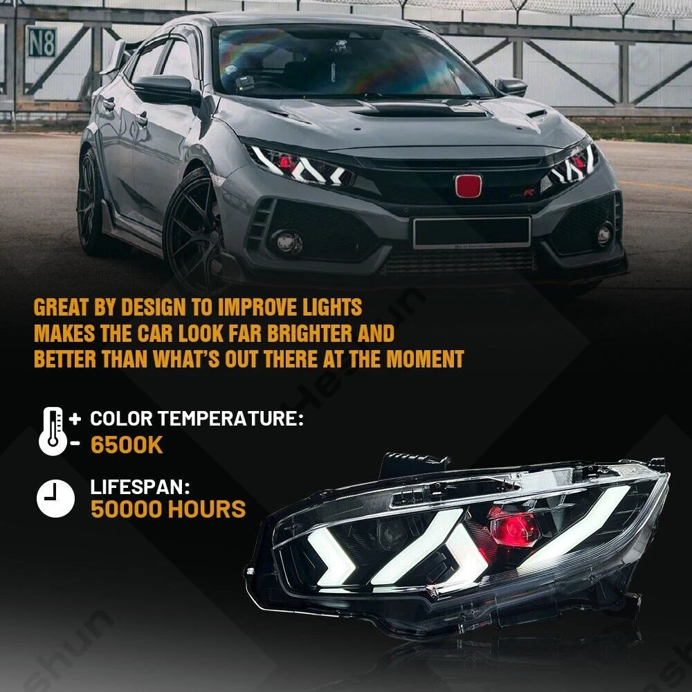 Pair Led Headlights For Honda Civic 2016-2021 Sedan Hatchback Hatch Type R Touring LX EX EX-L Sport FK7 FK8 10th Head Light Lamp