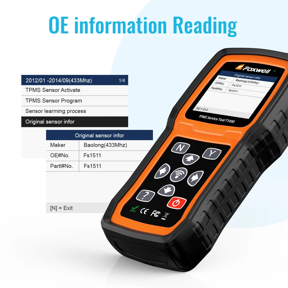 Foxwell T1000 TPMS Tool Tire Pressure Monitoring Sensor Programming Relearning Activation and OBD System Reset Car TPMS Reset