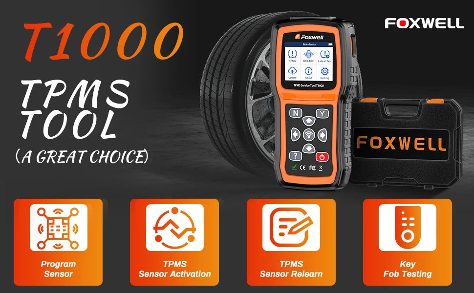Foxwell T1000 TPMS Tool Tire Pressure Monitoring Sensor Programming Relearning Activation and OBD System Reset Car TPMS Reset