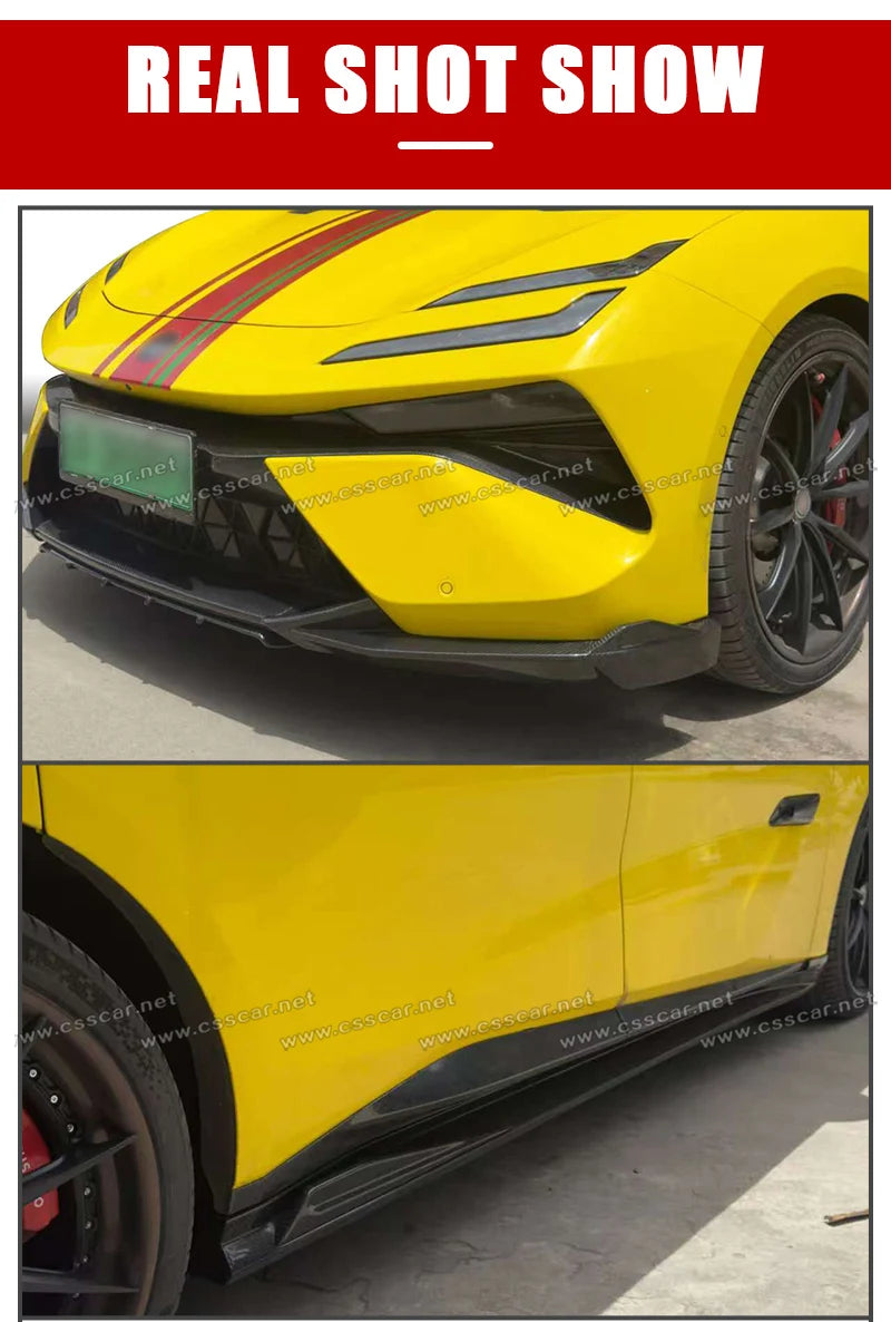 Abina Style Car Front Bumper Diffuser Rear High Spoiler Wing Splitter Canard Lip For Lotus Emeya Dry Carbon Fiber Side Skirts